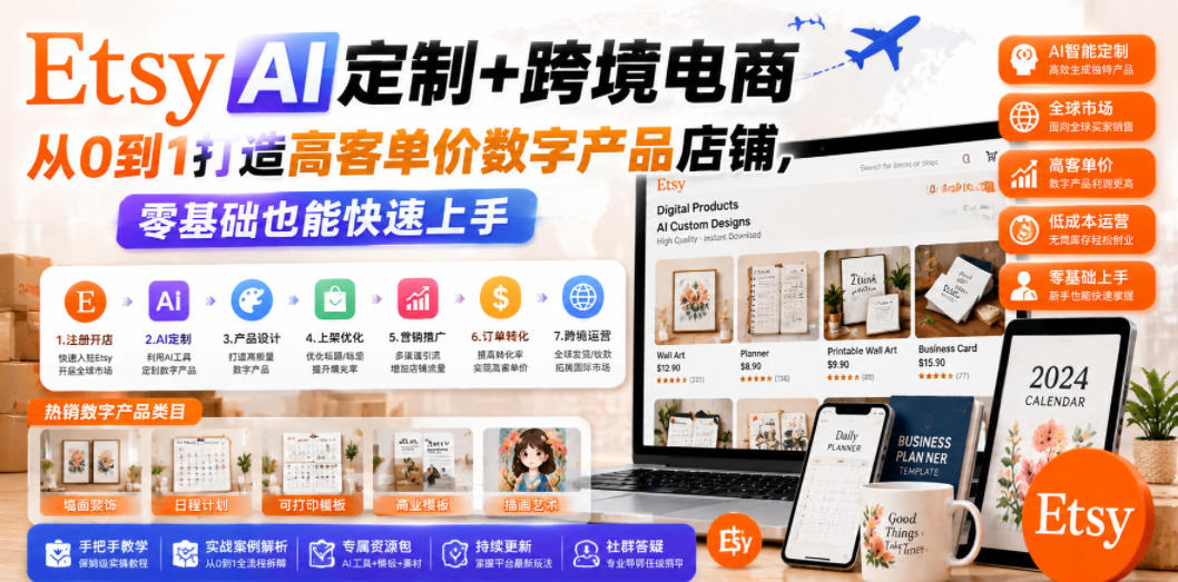 Etsy AI定制+跨境电商，从0到1打造高客单价数字产品店铺，零基础也能快速上手 - 臻优资源网