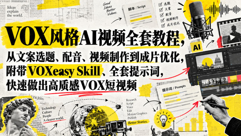 VOX风格AI视频全套教程，从文案选题、配音、视频制作到成片优化，附带VOXeasy Skill、全套提示词，快速做出高质感VOX短视频 - 臻优资源网