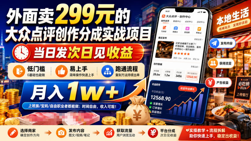 外面卖299元的大众点评创作分成实战项目，当日发次日见收益，低门槛易上手，跑通流程月入1w+ - 臻优资源网