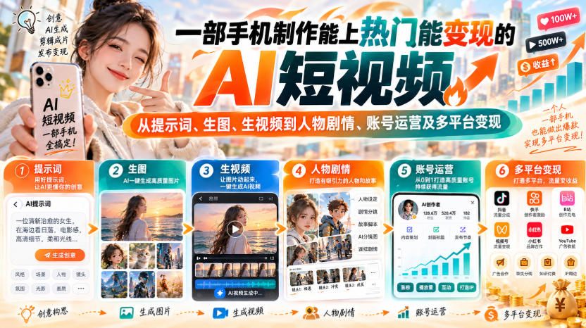 【无水印】一部手机制作能上热门能变现的AI短视频，从提示词、生图、生视频到人物剧情、账号运营及多平台变现 - 臻优资源网