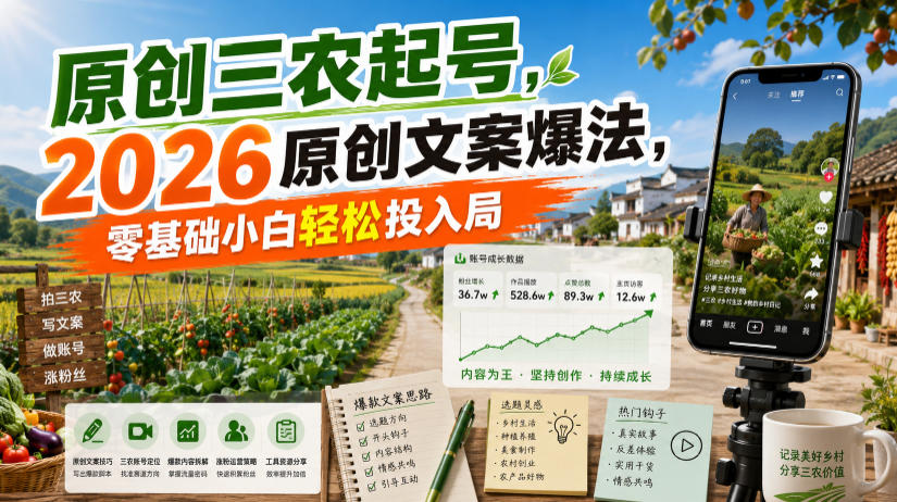 原创三农起号,2026原创文案爆法,零基础小白轻松投入局 - 臻优资源网