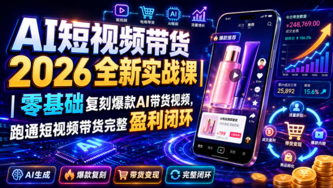 AI短视频带货2026全新实战课｜零基础复刻爆款AI带货视频，跑通短视频带货完整盈利闭环 - 臻优资源网