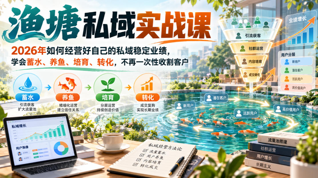 渔塘私域实战课，2026年如何经营好自己的私域稳定业绩，学会蓄水、养鱼、培育、转化，不再一次性收割客户 - 臻优资源网