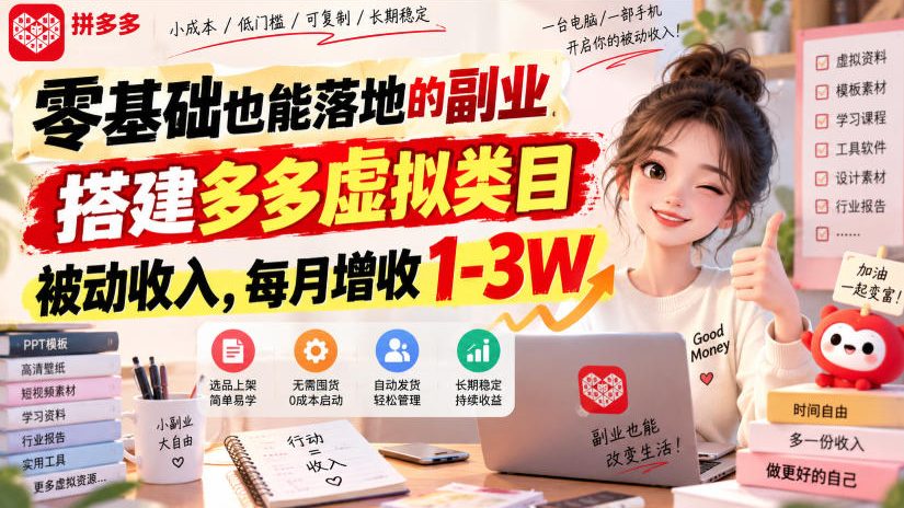 零基础也能落地的副业，搭建多多虚拟类目被动收入，每月增收1-3W【揭秘】 - 臻优资源网
