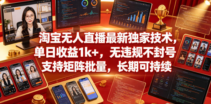 淘宝无人直播最新独家技术，单日收益1k+，无违规不封号，支持矩阵批量，长期可持续【揭秘】 - 臻优资源网