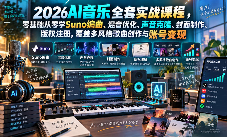 2026AI音乐实战课程，零基础从零学Suno编曲、混音优化、声音克隆、版权注册，覆盖多风格歌曲创作与账号变现 - 臻优资源网