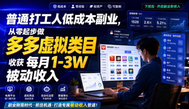普通打工人低成本副业，从零起步做多多虚拟类目，收获每月1-3W被动收入【揭秘】 - 臻优资源网