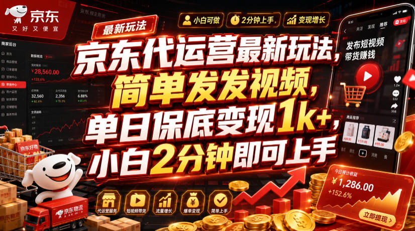 京东代运营最新玩法，简单发发视频，单日保底变现1k+，小白2分钟即可上手【揭秘】 - 臻优资源网