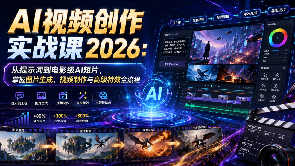 AI视频创作实战课2026：从提示词到电影级AI短片，掌握图片生成、视频制作与高级特效全流程 - 臻优资源网