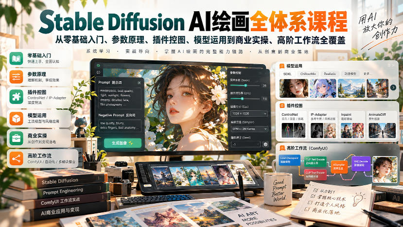 【无水印】Stable Diffusion AI绘画全体系课程，从零基础入门、参数原理、插件控图、模型运用到商业实操、高阶工作流全覆盖 - 臻优资源网