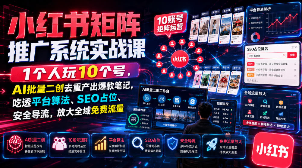 小红书矩阵推广系统实战课｜1个人玩10个号，AI批量二创去重产出爆款笔记，吃透平台算法、SEO占位、安全导流，放大全域免费流量 - 臻优资源网
