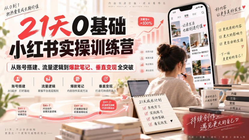 21天0基础小红书实操训练营｜从账号搭建、流量逻辑到爆款笔记、垂直变现全突破 - 臻优资源网