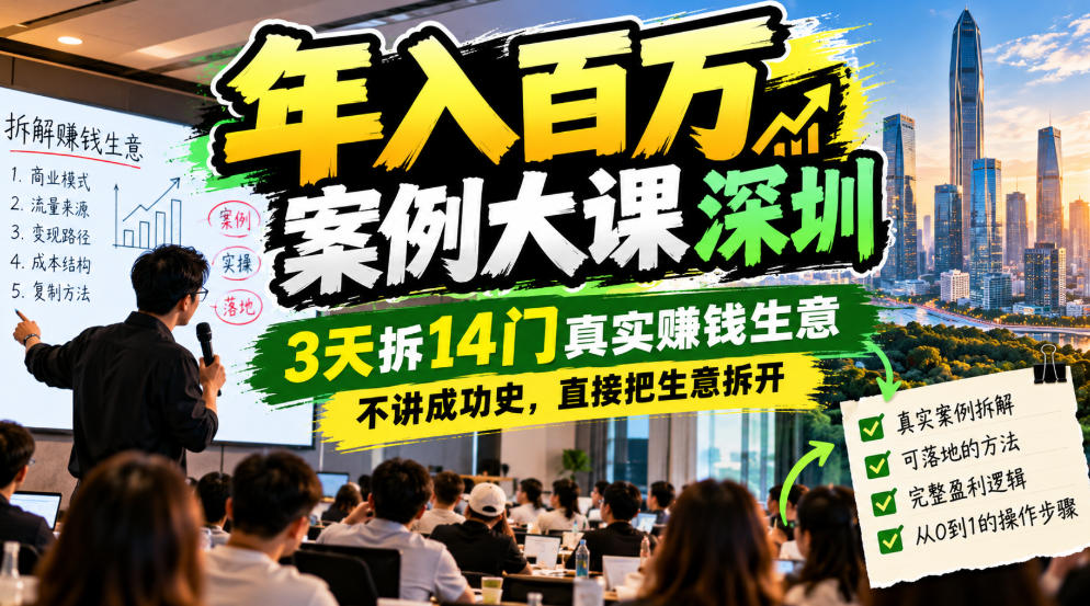 年入百W案例大课深圳，3天拆14门真实賺钱生意，不讲成功史，直接把生意拆开 - 臻优资源网