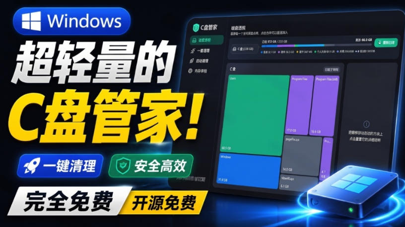Windows超轻量的C盘管家！超级有特点，支持磁盘分析及清理提醒，2M大小体积，完全免费C盘管家 - 臻优资源网