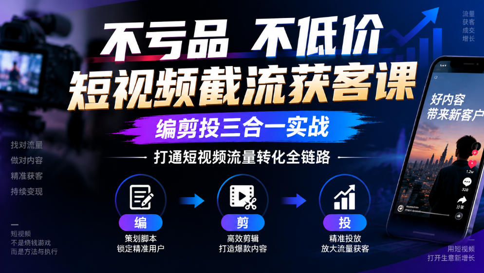 不亏品不低价短视频截流获客课，编剪投三合一实战，打通短视频流量转化全链路 - 臻优资源网