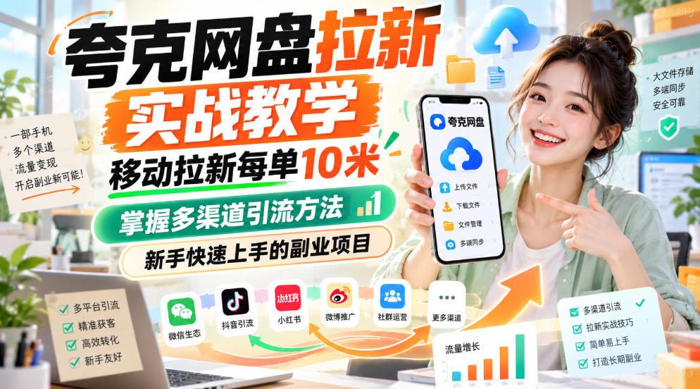 夸克网盘拉新实战教学，移动拉新每单10米，掌握多渠道引流方法，新手快速上手的副业项目 - 臻优资源网