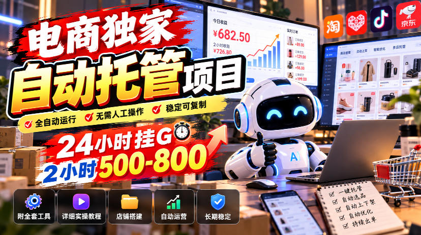 电商独家自动托管项目，24小时挂G，2小时500-800，附全套工具【揭秘】 - 臻优资源网