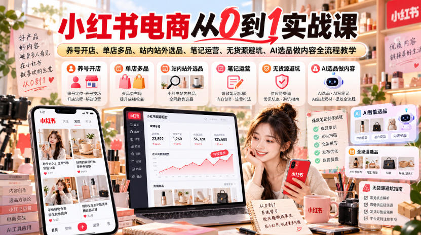 小红书电商从0到1实战课｜养号开店、单店多品、站内站外选品、笔记运营、无货源避坑、AI选品做内容全流程教学 - 臻优资源网