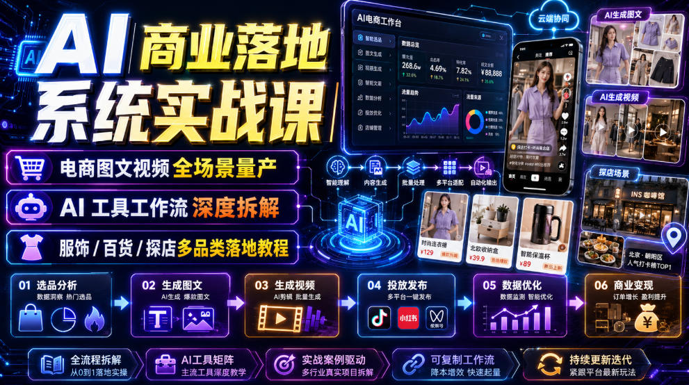 AI商业落地系统实战课|电商图文视频全场景量产・AI工具工作流深度拆解・服饰/百货/探店多品类落地教程 - 臻优资源网