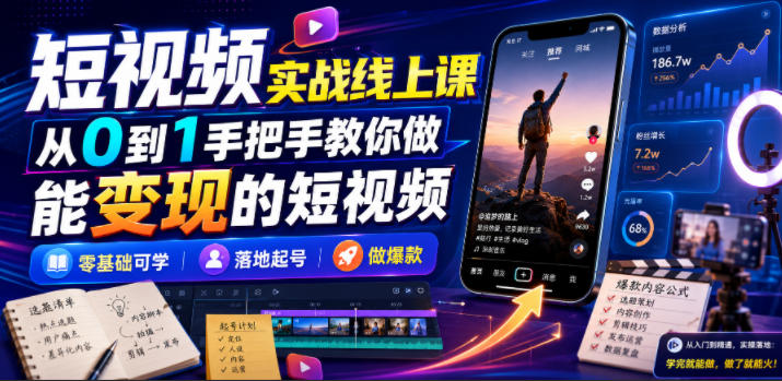 短视频实战线上课，从0到1手把手教你做能变现的短视频，零基础可学，落地起号做爆款 - 臻优资源网