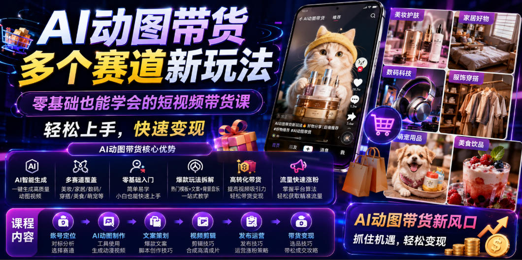 AI动图带货多个赛道新玩法，零基础也能学会的短视频带货课，轻松上手，快速变现 - 臻优资源网