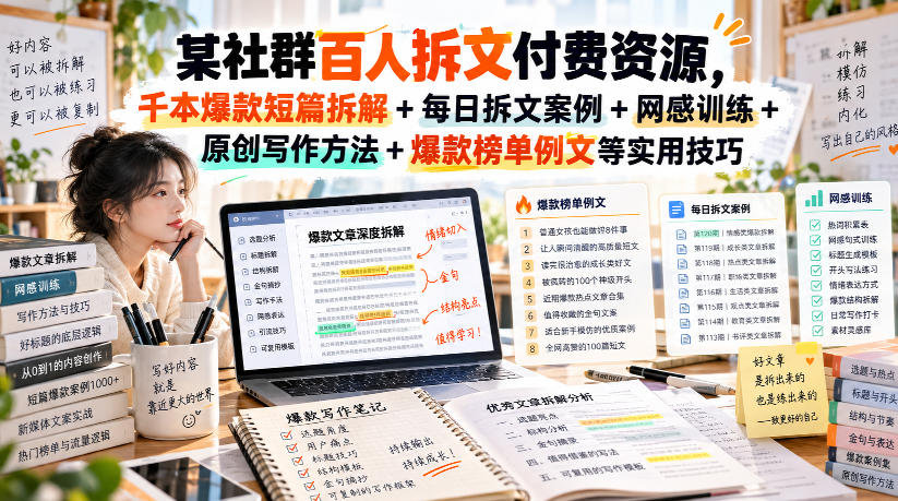 某社群百人拆文付费资源，千本爆款短篇拆解+每日拆文案例+网感训练+原创写作方法+爆款榜单例文等实用技巧(持续更新) - 臻优资源网