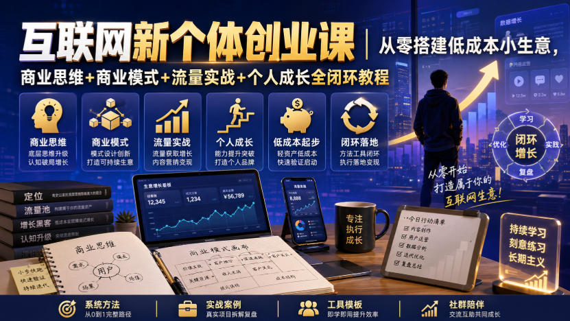 互联网新个体创业课｜从零搭建低成本小生意，商业思维+商业模式+流量实战+个人成长全闭环教程 - 臻优资源网