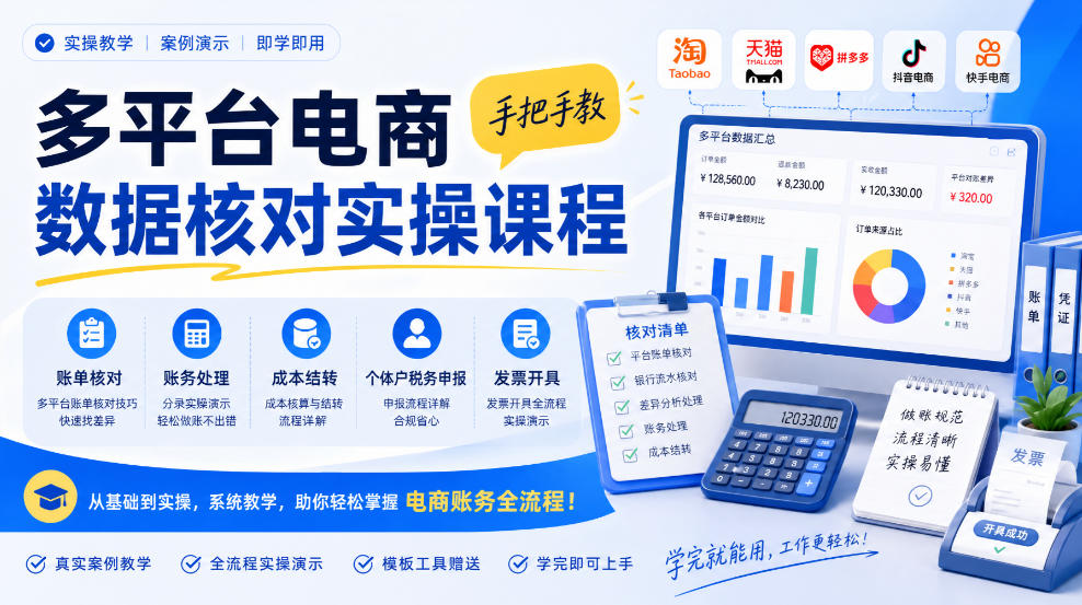 多平台电商数据核对实操课程，手把手教账单核对、账务处理、成本结转、个体户税务申报与发票开具 - 臻优资源网