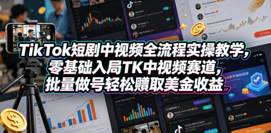 TikTok短剧中视频全流程实操教学，零基础入局TK中视频赛道，批量做号轻松賺取美金收益 - 臻优资源网