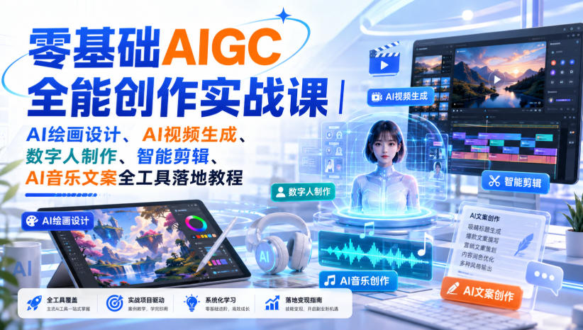 零基础AIGC全能创作实战课｜AI绘画设计、AI视频生成、数字人制作、智能剪辑、AI音乐文案全工具落地教程 - 臻优资源网