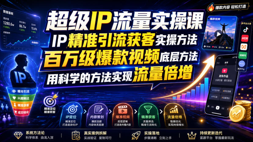 超级IP流量实操课，IP精准引流获客实操方法，百万级爆款视频底层方法，用科学的方法实现流量倍增 - 臻优资源网