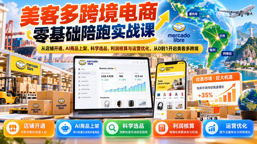 美客多跨境电商零基础陪跑实战课：从店铺开通、AI商品上架、科学选品、利润核算与运营优化，从0到1开启美客多跨境 - 臻优资源网