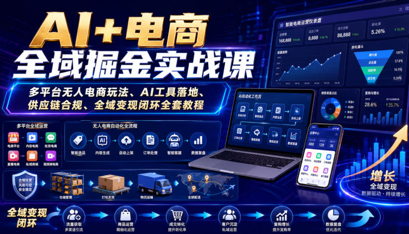 AI+电商全域掘金实战课｜多平台无人电商玩法、AI工具落地、供应链合规、全域变现闭环全套教程 - 臻优资源网