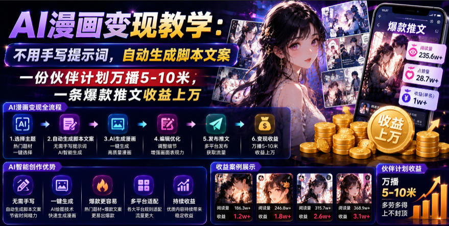 AI漫画变现教学：不用手写提示词，自动生成脚本文案，一份伙伴计划万播5-10米，一条爆款推文收益上W - 臻优资源网