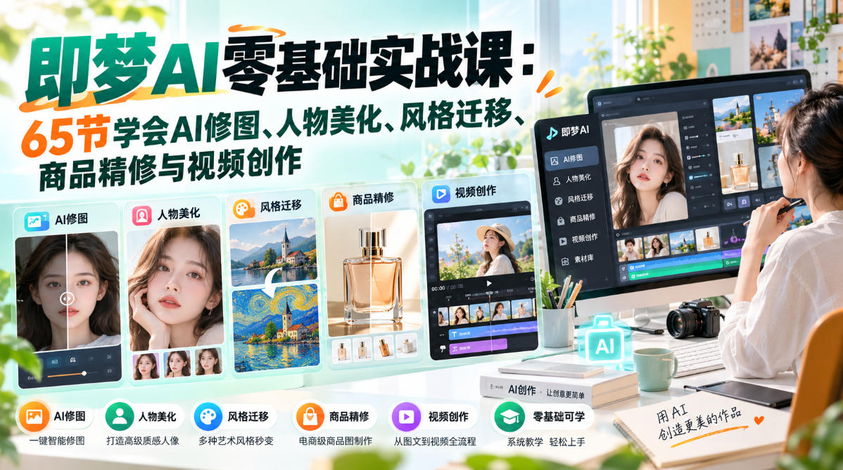 即梦AI零基础实战课：65节学会AI修图、人物美化、风格迁移、商品精修与视频创作 - 臻优资源网