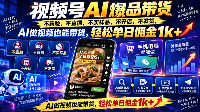 视频号Ai爆品带货，不露脸、不直播、不买样品、不开店、不发货，AI做视频也能带货，轻松单日佣金1k+ - 臻优资源网