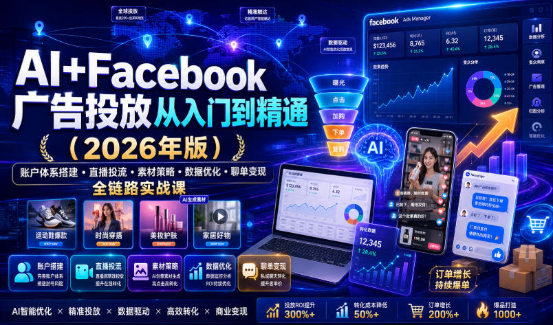 AI+Facebook广告投放从入门到精通（2026年版）｜账户体系搭建・直播投流・素材策略・数据优化・聊单变现全链路实战课 - 臻优资源网