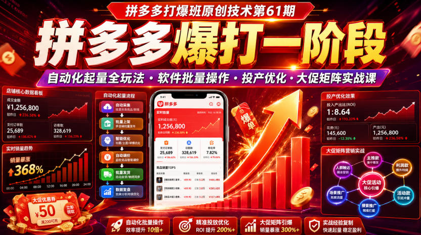 拼多多打爆班原创技术第61期，拼多多爆打一阶段，自动化起量全玩法・软件批量操作・投产优化・大促矩阵实战课 - 臻优资源网