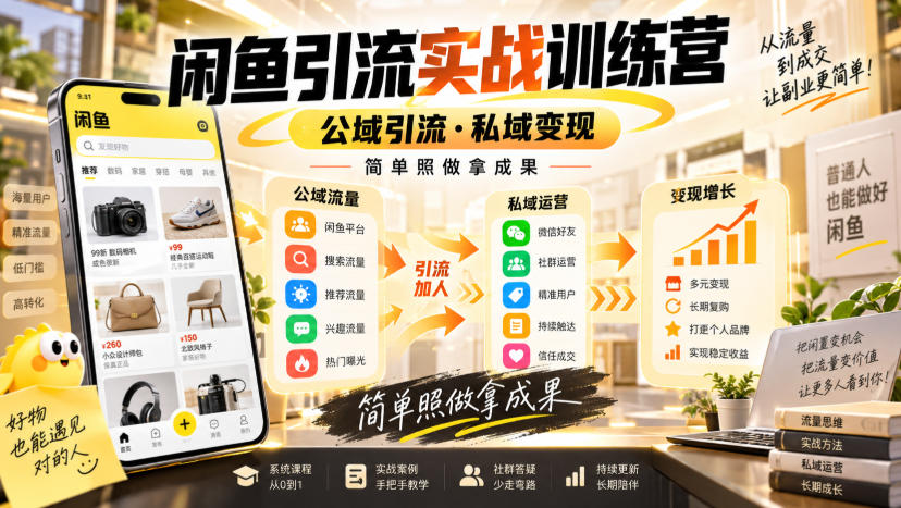 闲鱼引流实战训练营，公域引流·私域变现，简单照做拿成果 - 臻优资源网