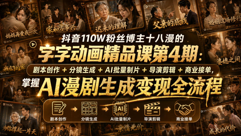 抖音110W粉丝博主十八漫的字字动画精品课第4期：剧本创作+分镜生成+剪辑+商业接单，掌握AI漫剧生成变现全流程 - 臻优资源网