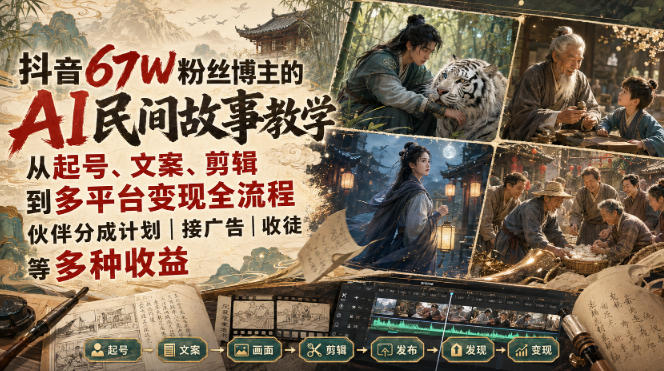 抖音67W粉丝博主的AI民间故事教学，从起号、文案、剪辑到多平台变现全流程，伙伴分成计划接广告等多种收益，月入1W+ - 臻优资源网