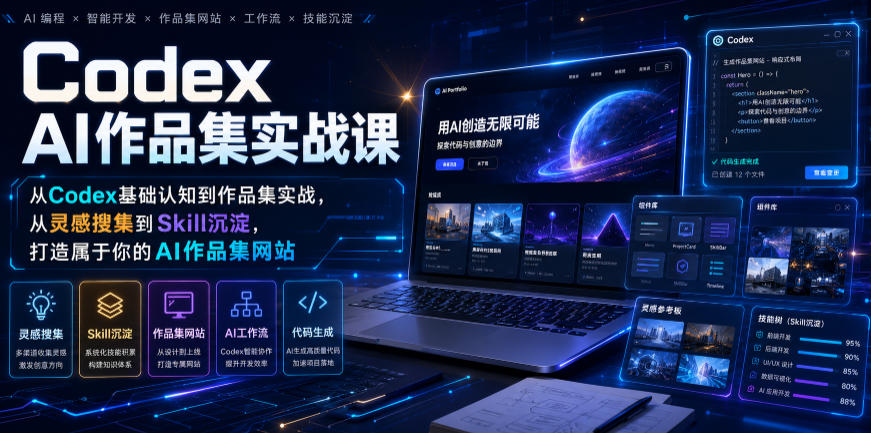 Codex AI作品集实战课，从Codex基础认知到作品集实战，从灵感搜集到Skill沉淀，打造属于你的AI作品集网站 - 臻优资源网