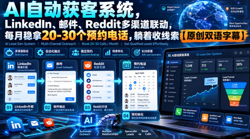 【无水印】AI自动获客系统，LinkedIn、邮件、Reddit多渠道联动，每月稳拿20-30个预约电话，躺着收线索【原创双语字幕】 - 臻优资源网