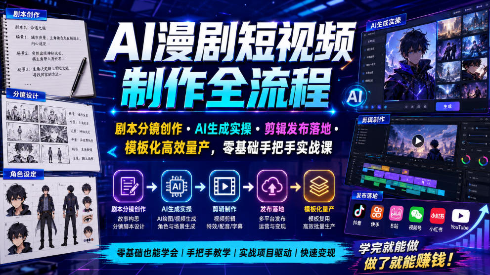AI漫剧短视频制作全流程｜剧本分镜创作・AI生成实操・剪辑发布落地・模板化高效量产，零基础手把手实战课 - 臻优资源网