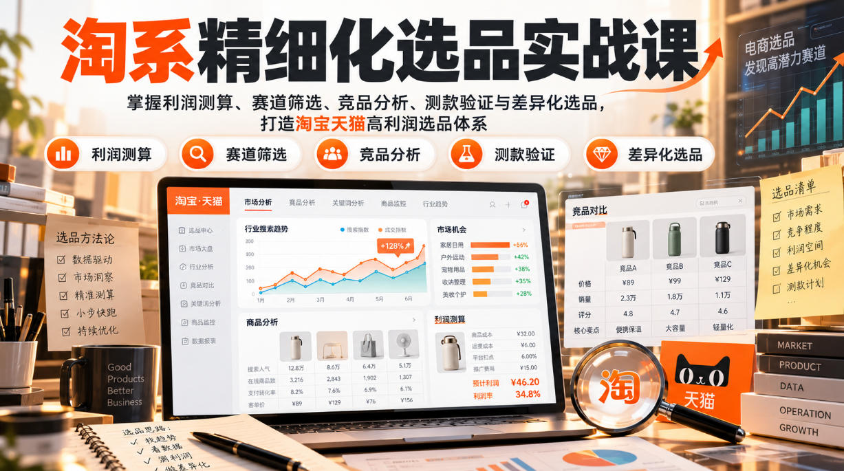 淘系精细化选品实战课：掌握利润测算、赛道筛选、竞品分析、测款验证与差异化选品，打造淘宝天猫高利润选品体系 - 臻优资源网