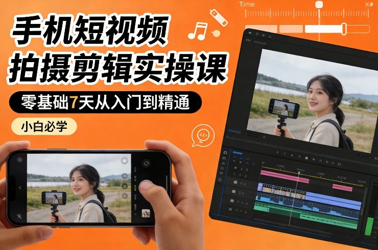 手机短视频拍摄剪辑实操课，零基础7天从入门到精通，小白必学 - 臻优资源网