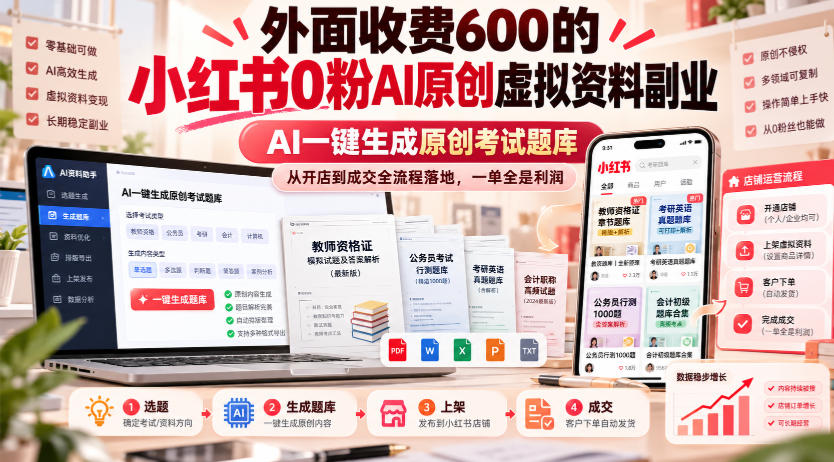外面收费600的小红书0粉AI原创虚拟资料副业，AI一键生成原创考试题库，从开店到成交全流程落地，一单全是利润 - 臻优资源网