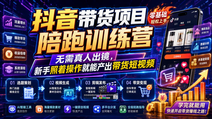 抖音带货项目陪跑训练营，无需真人出镜，新手照着操作就能产出带货短视频 - 臻优资源网