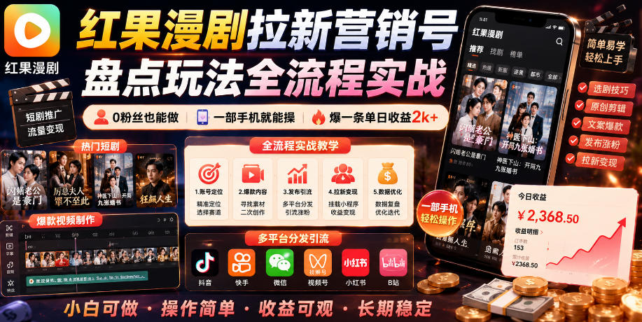 红果漫剧拉新营销号盘点玩法全流程实战，0粉丝也能做，一部手机就能做，爆一条单日收益2k+ - 臻优资源网