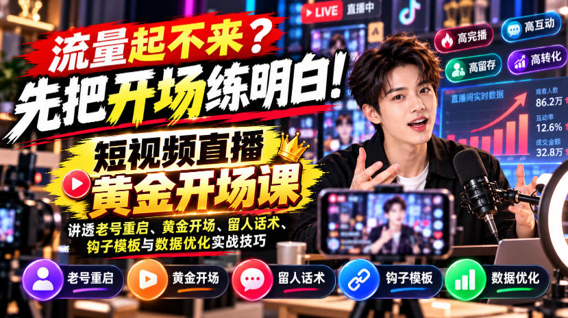 【无水印】流量起不来？先把开场练明白！短视频直播黄金开场课，讲透老号重启、黄金开场、留人话术、钩子模板与数据优化实战技巧 - 臻优资源网
